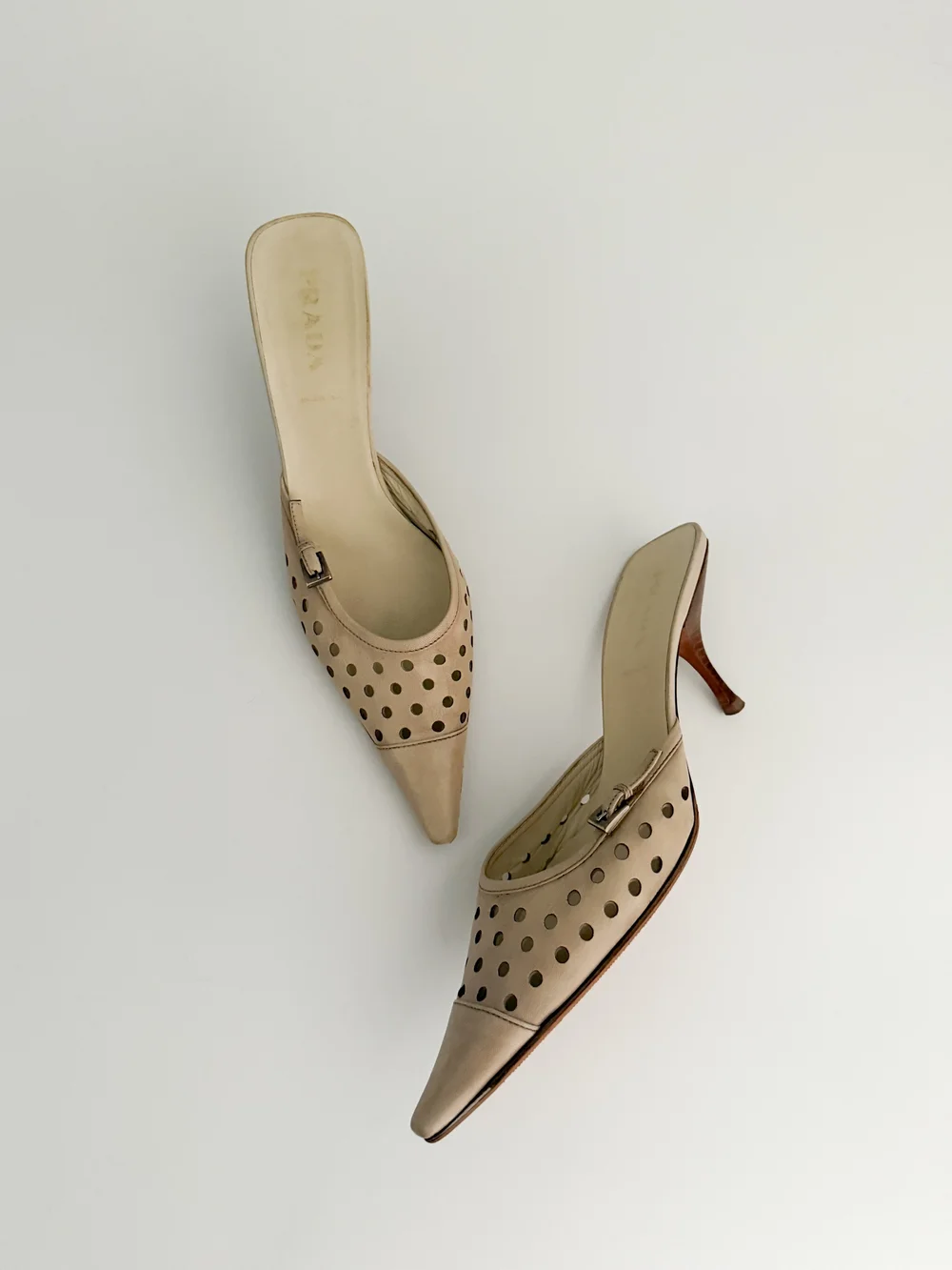 Prada Vintage Cream Leather Buckle Mule Heels (US 8.5 / IT 38.5